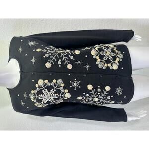 New Sz M Christmas Sweater Cardigan Snowflakes Beads Sequins Festive Holidays